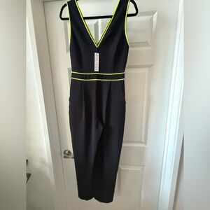 Alice + Olivia by Stacey Bendet Black Jeri Neon Yellow Piped Jumpsuit Size 4 NWT